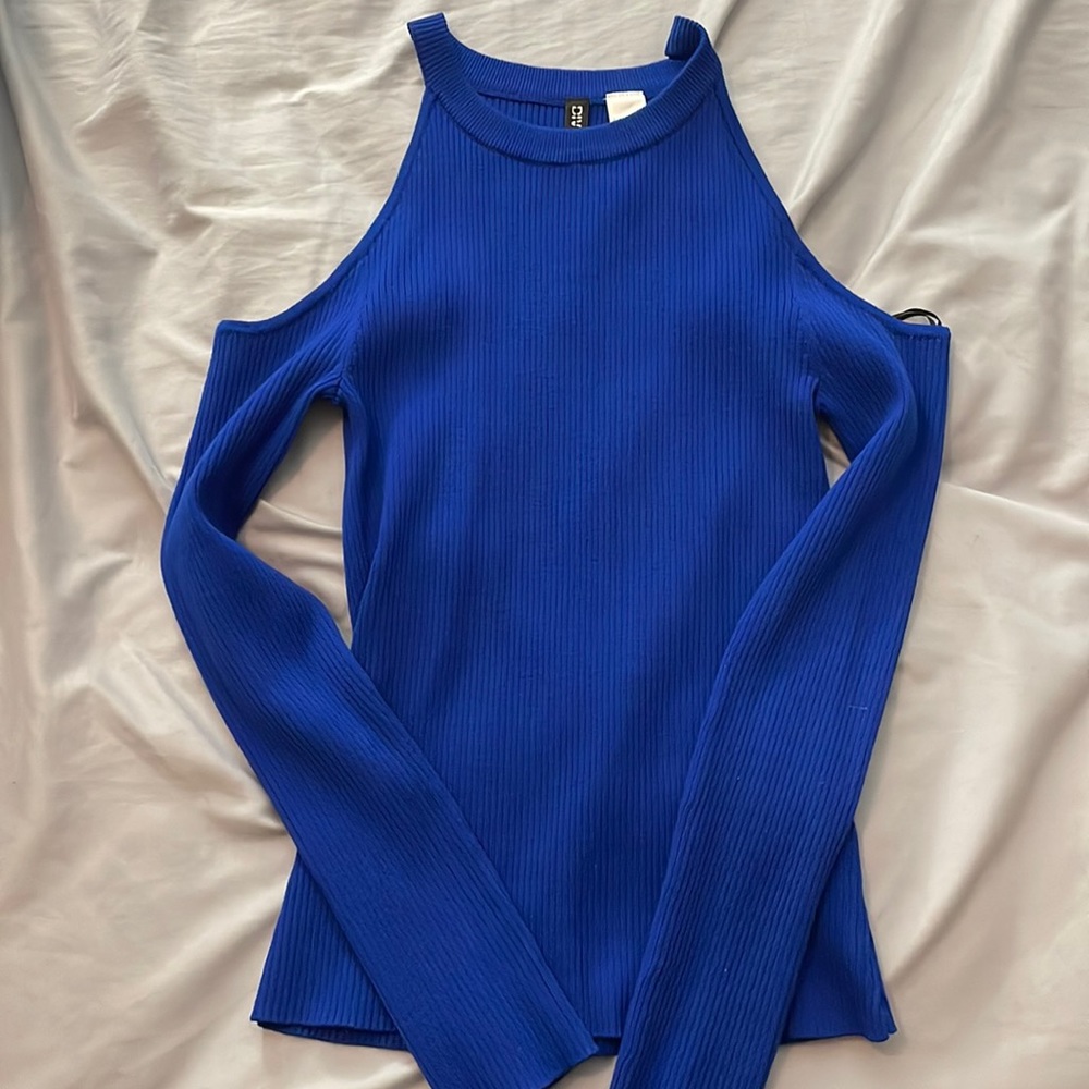 Royal blue sweater with cut out shoulders